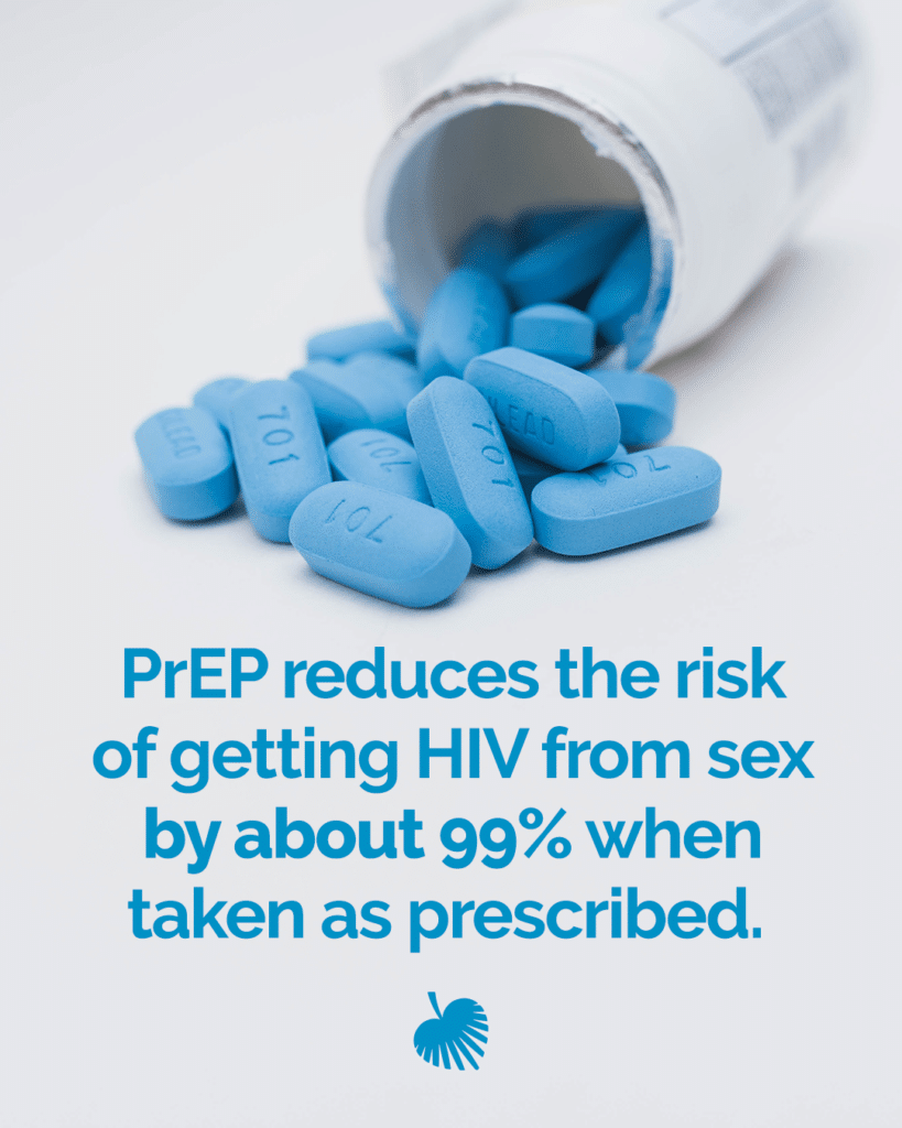 PrEP pills with the text "PrEP reduces the risk of getting HIV