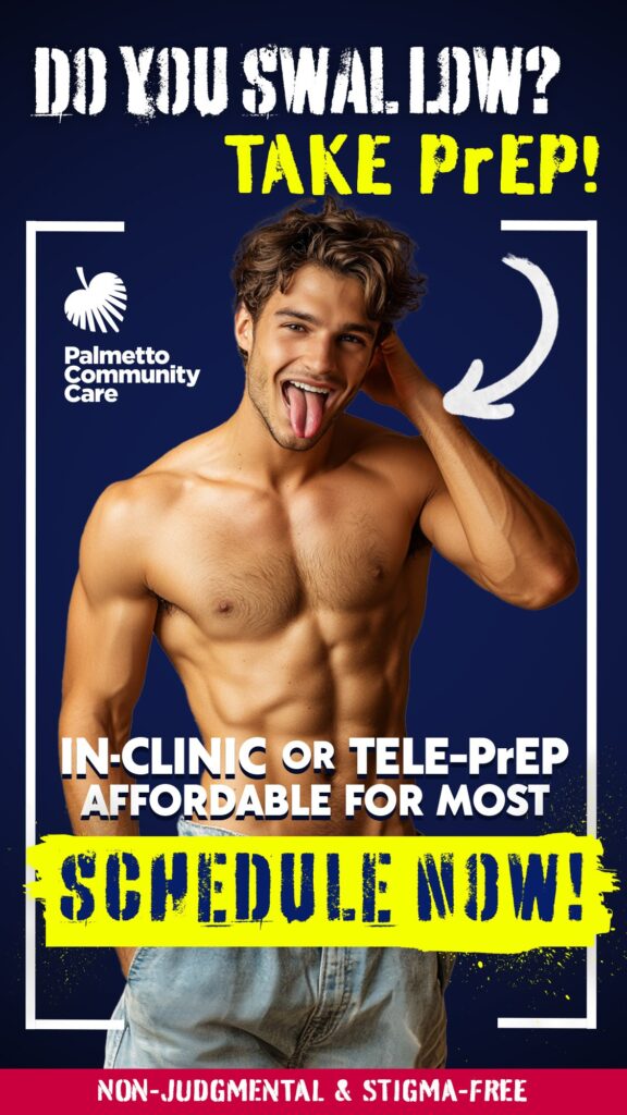 a shirtless man with the words - do you swallow? Take PrEP